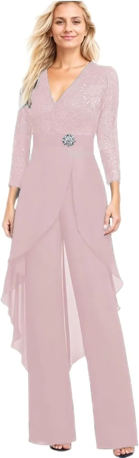 2 Pieces Mother of The Bride Pant Suits for Women Lace Chiffon Formal Outfits Long Sleeve Dressy Pantsutis