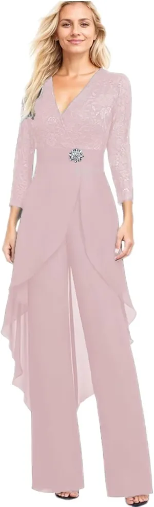 2 Pieces Mother of The Bride Pant Suits for Women Lace Chiffon Formal Outfits Long Sleeve Dressy Pantsutis