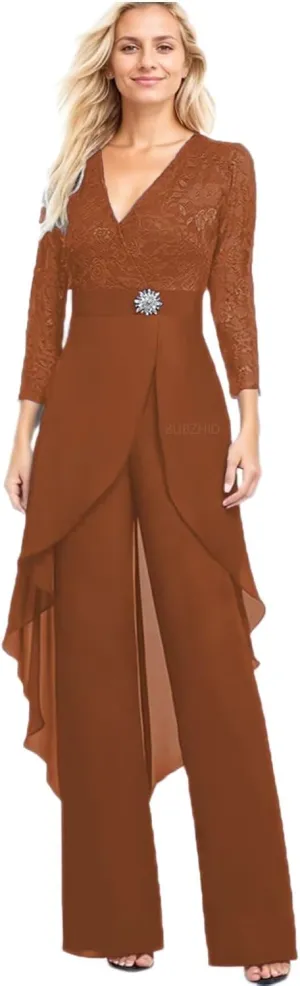 2 Pieces Mother of The Bride Pant Suits for Women Lace Chiffon Formal Outfits Long Sleeve Dressy Pantsutis