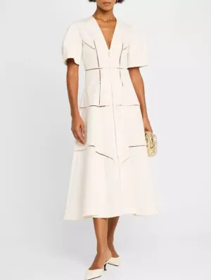 A-Line Cut-Out Front-Zip V-Neck Dress in White