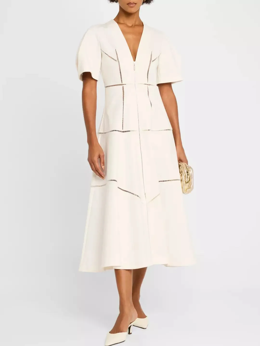 A-Line Cut-Out Front-Zip V-Neck Dress in White