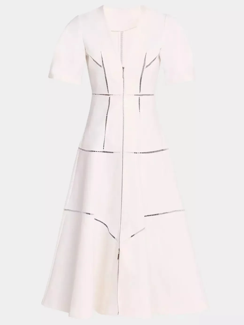 A-Line Cut-Out Front-Zip V-Neck Dress in White