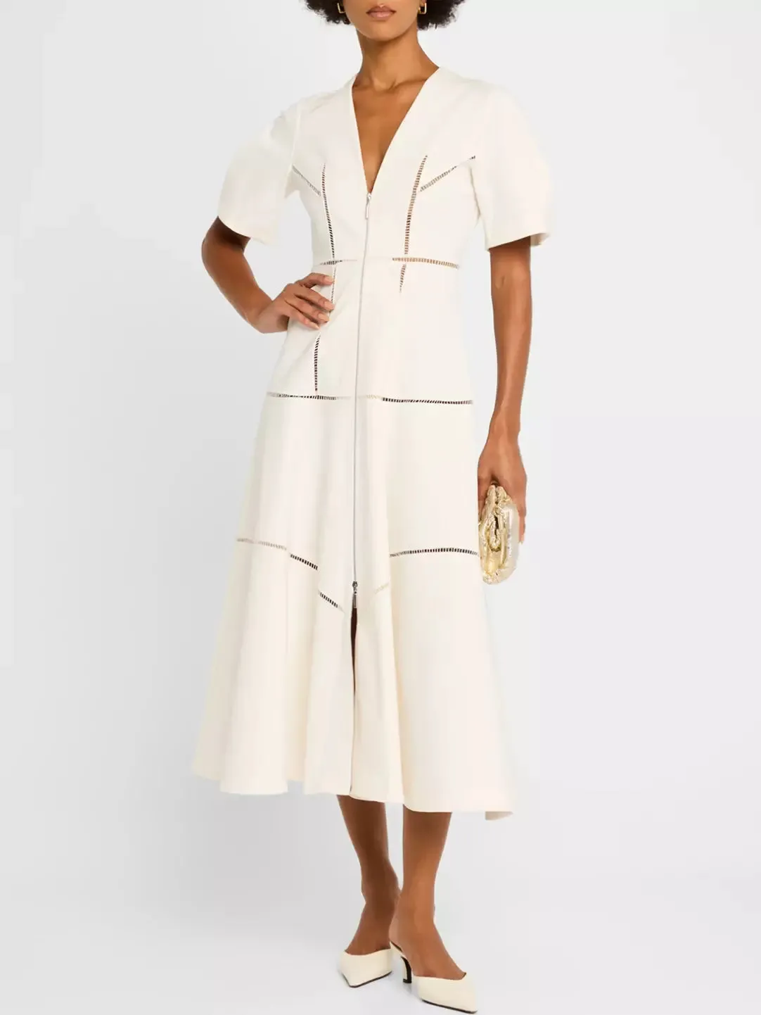 A-Line Cut-Out Front-Zip V-Neck Dress in White