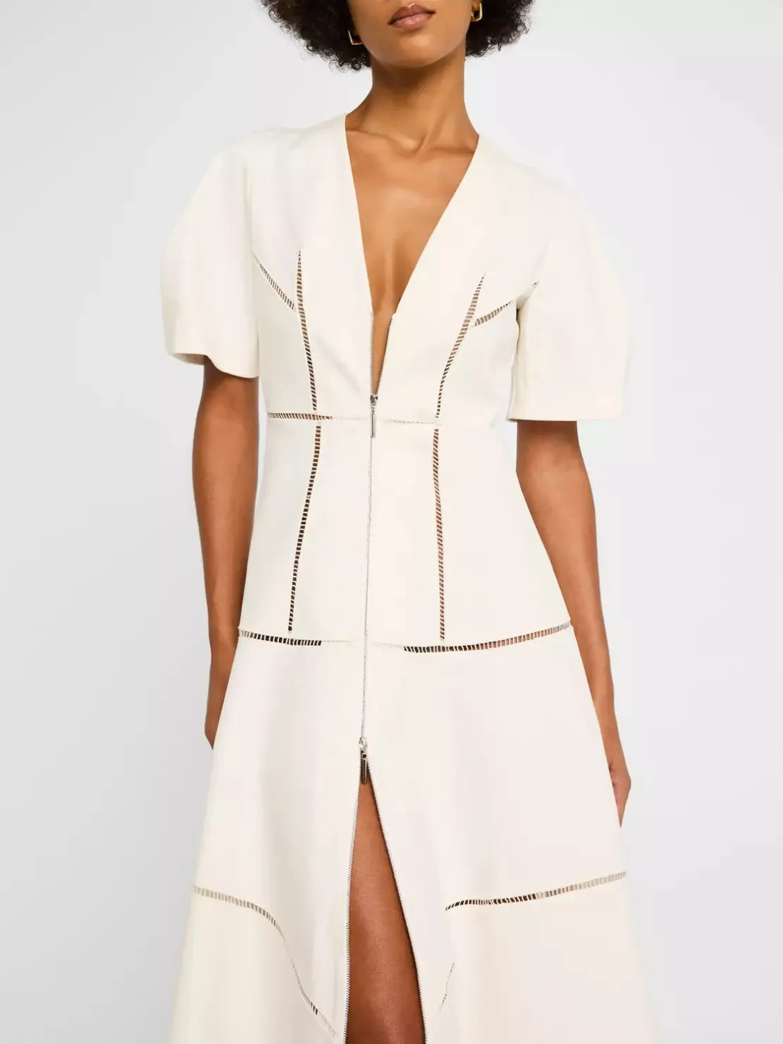 A-Line Cut-Out Front-Zip V-Neck Dress in White