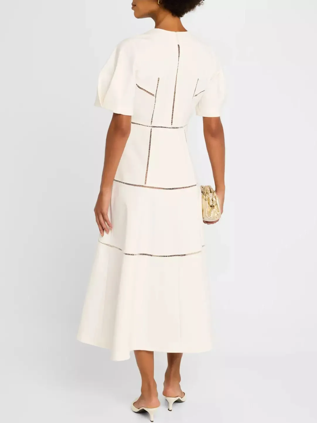 A-Line Cut-Out Front-Zip V-Neck Dress in White