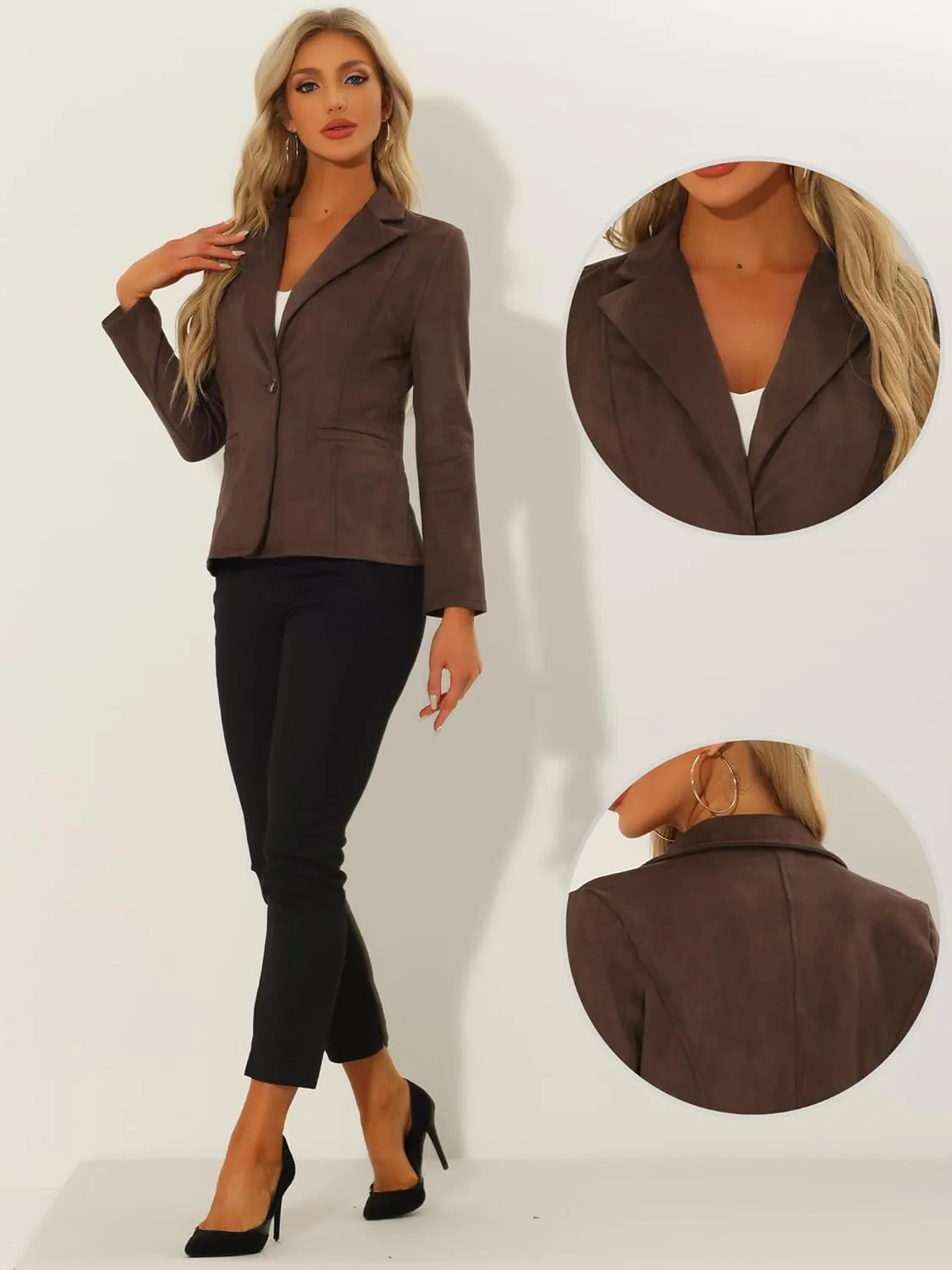 Allegra K Faux Suede Casual Blazer for Women's Lapel Collar Long Sleeve Work Office Jacket