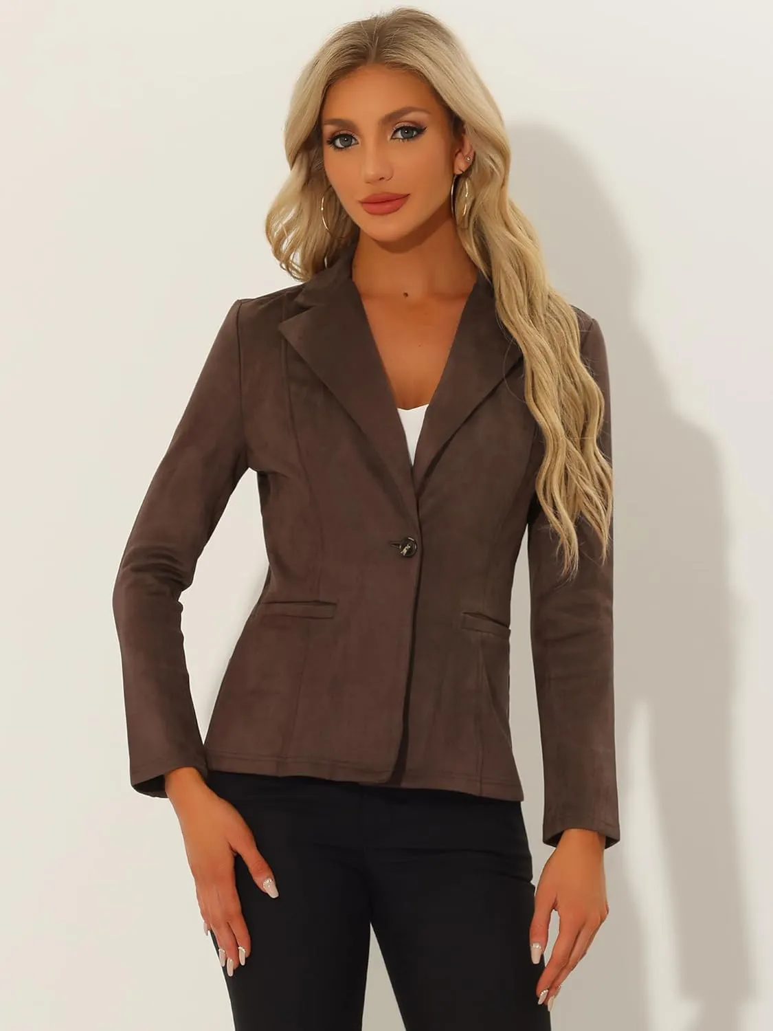 Allegra K Faux Suede Casual Blazer for Women's Lapel Collar Long Sleeve Work Office Jacket