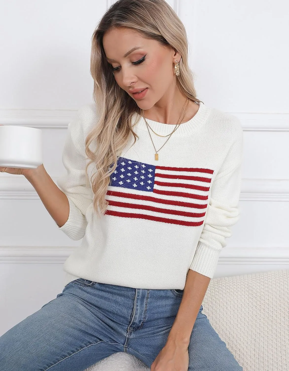 Alsol Lamesa Women’s American Flag Graphic Sweater Patriotic Long Sleeve Pullover Sweaters Crew Neck Knit Tops