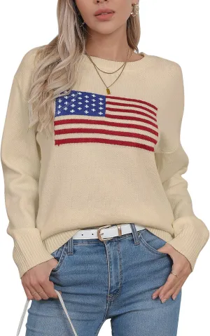 Alsol Lamesa Women’s American Flag Graphic Sweater Patriotic Long Sleeve Pullover Sweaters Crew Neck Knit Tops