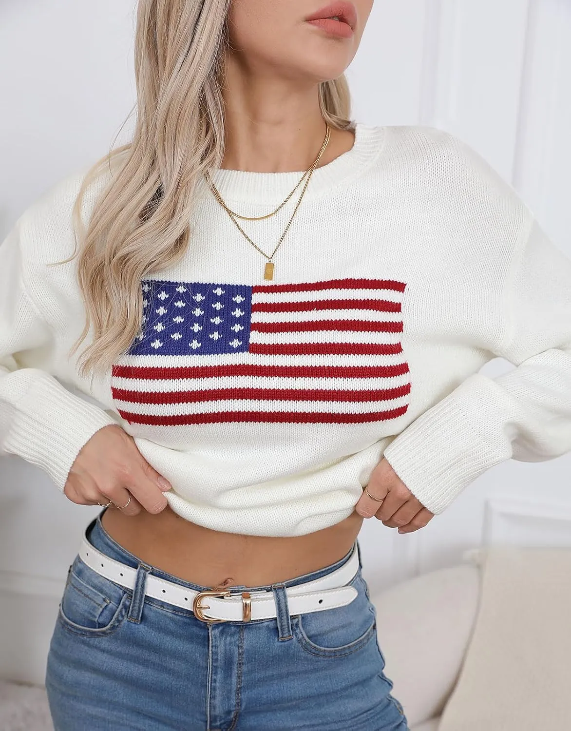 Alsol Lamesa Women’s American Flag Graphic Sweater Patriotic Long Sleeve Pullover Sweaters Crew Neck Knit Tops