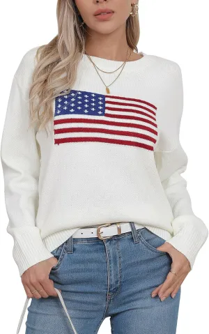 Alsol Lamesa Women’s American Flag Graphic Sweater Patriotic Long Sleeve Pullover Sweaters Crew Neck Knit Tops