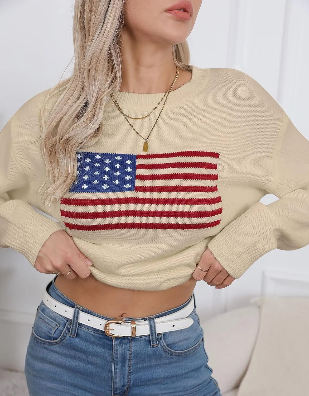 Alsol Lamesa Women’s American Flag Graphic Sweater Patriotic Long Sleeve Pullover Sweaters Crew Neck Knit Tops