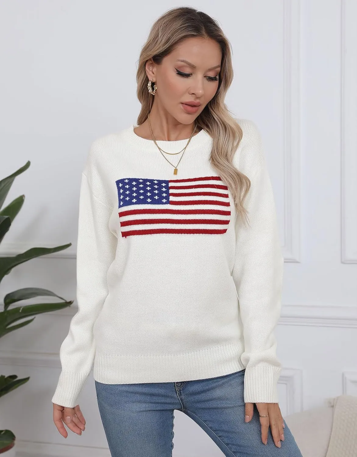 Alsol Lamesa Women’s American Flag Graphic Sweater Patriotic Long Sleeve Pullover Sweaters Crew Neck Knit Tops