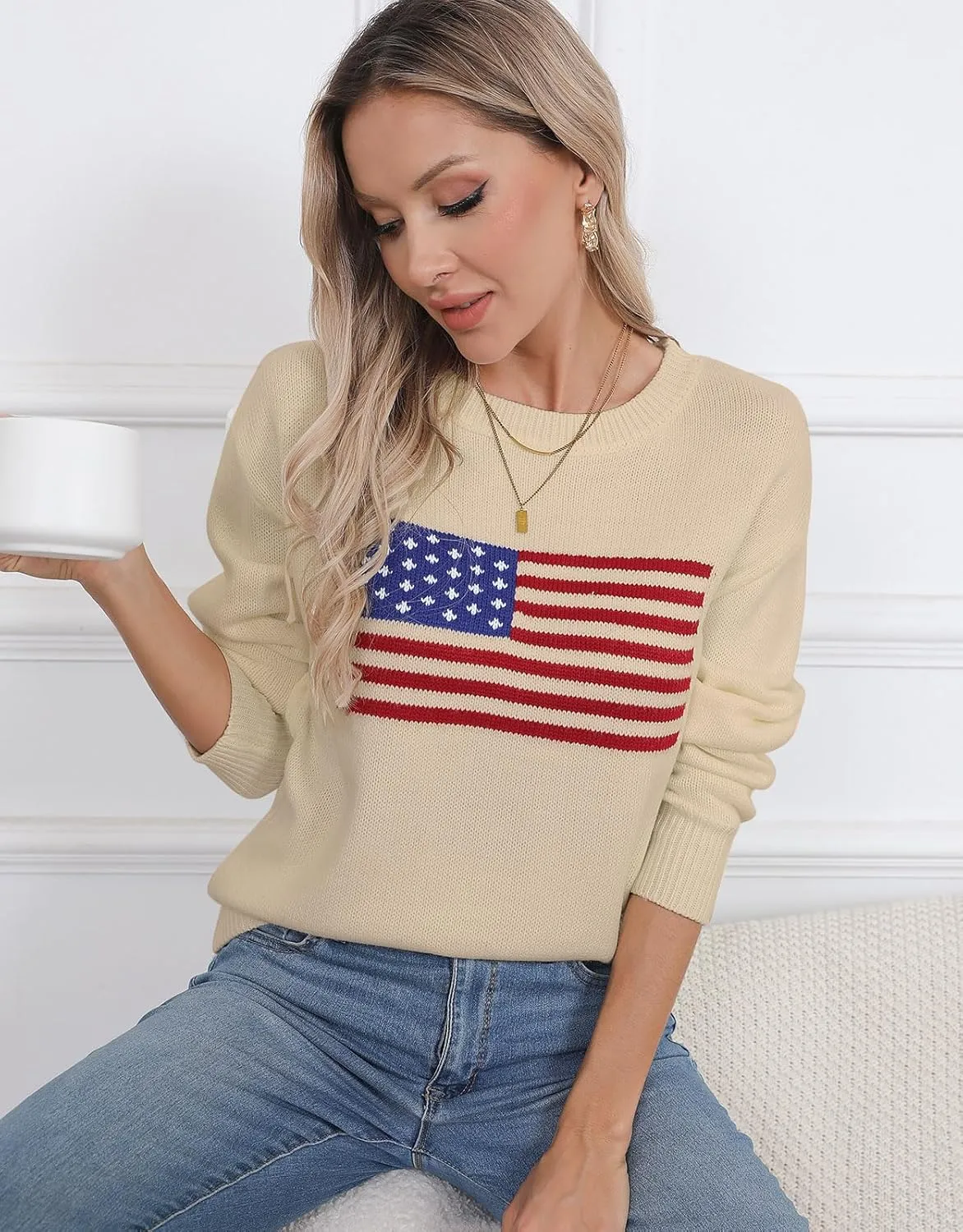 Alsol Lamesa Women’s American Flag Graphic Sweater Patriotic Long Sleeve Pullover Sweaters Crew Neck Knit Tops