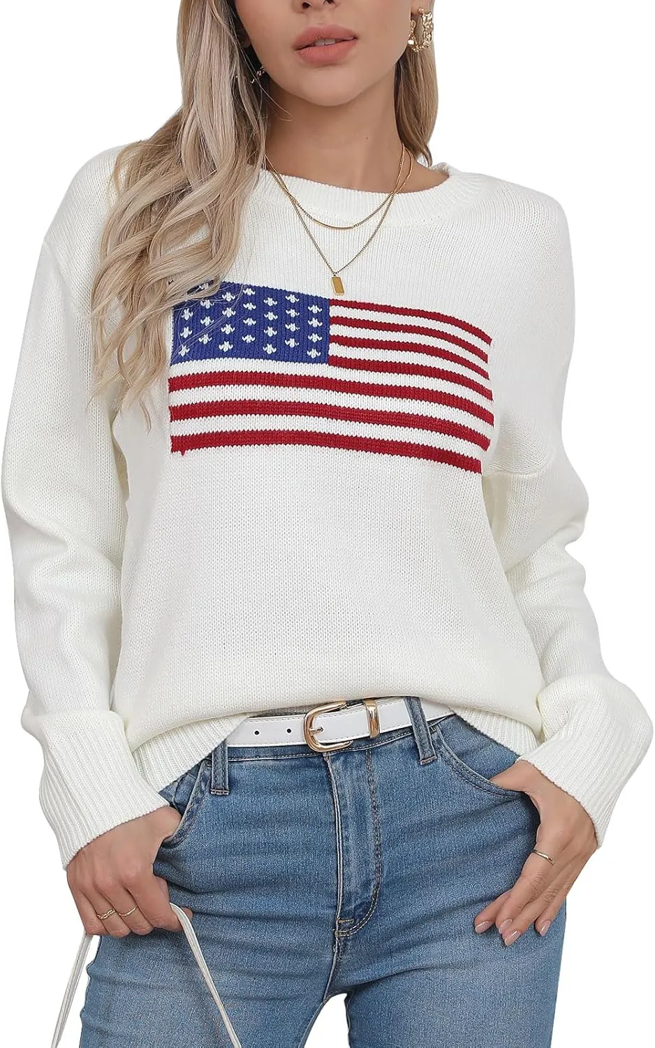Alsol Lamesa Women’s American Flag Graphic Sweater Patriotic Long Sleeve Pullover Sweaters Crew Neck Knit Tops