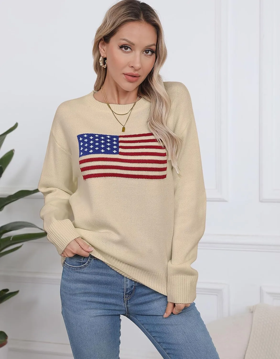 Alsol Lamesa Women’s American Flag Graphic Sweater Patriotic Long Sleeve Pullover Sweaters Crew Neck Knit Tops