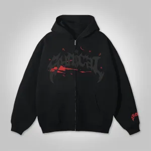 Blavra Relaxed Vintage Print Fleece-Lined Zip-Up Hoodie