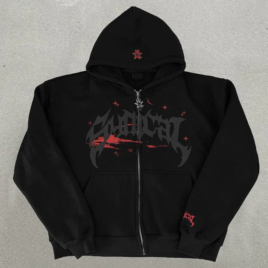 Blavra Relaxed Vintage Print Fleece-Lined Zip-Up Hoodie