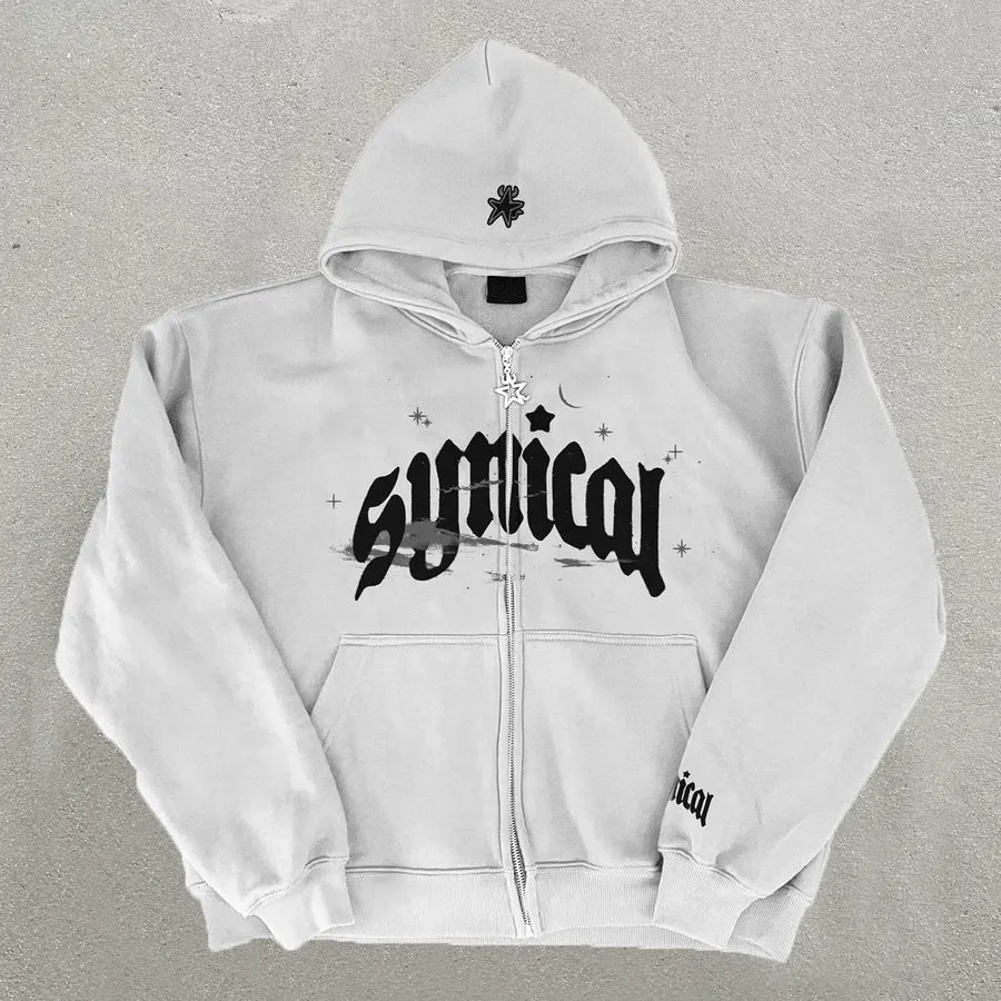 Blavra Relaxed Vintage Print Fleece-Lined Zip-Up Hoodie