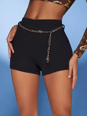 Casual Plain Rib-Knit Natural Women Shorts