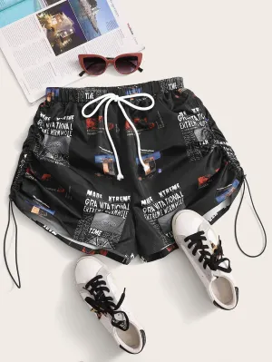 Casual Slogan Tie Front Natural Women Shorts