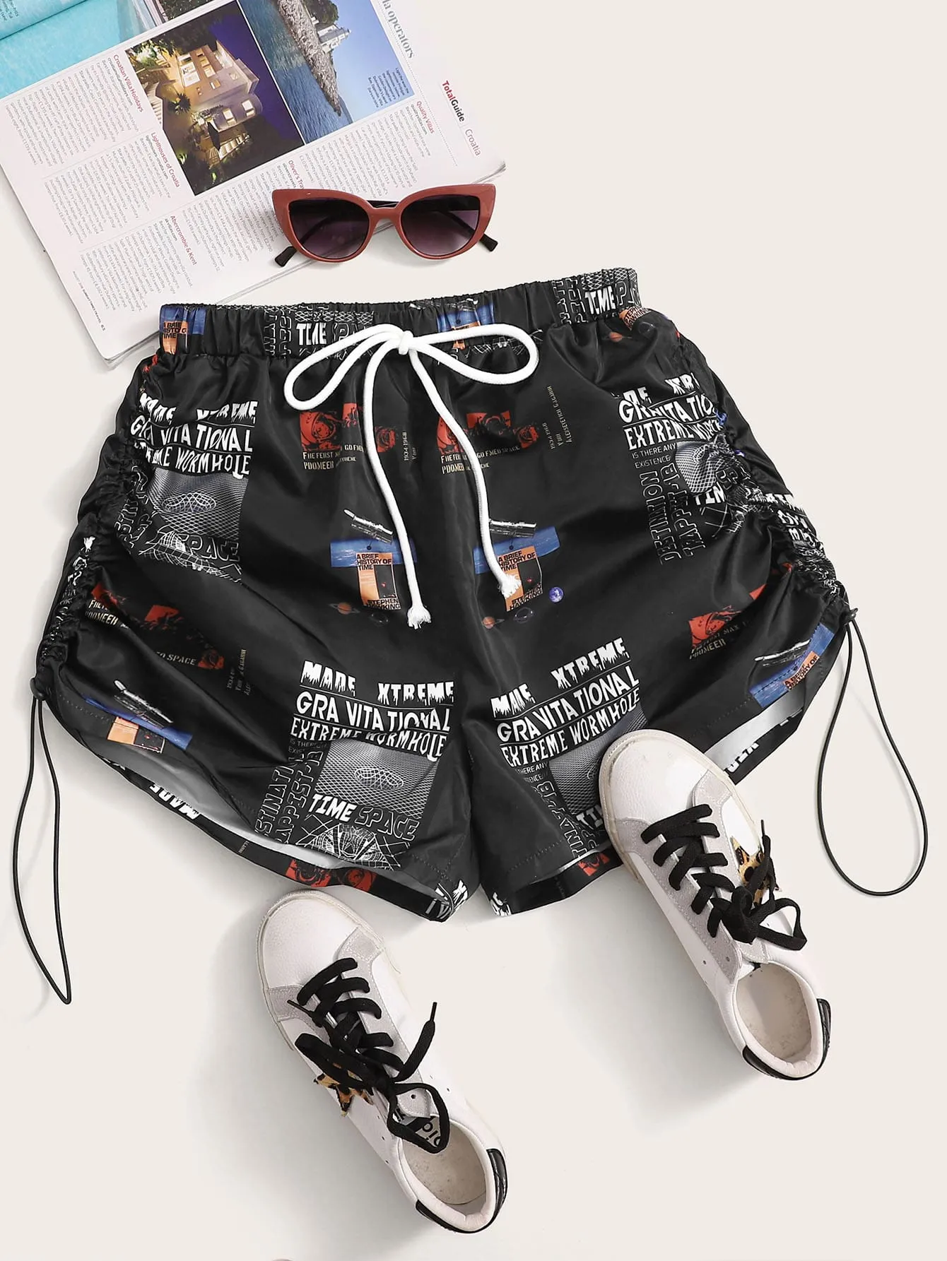Casual Slogan Tie Front Natural Women Shorts