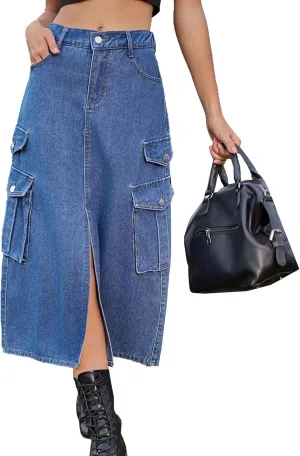 cffvdiz Women's Y2k Denim Cargo Skirt High Waisted Vintage Slit Casual Midi Cargo Skirt with Flap Pockets