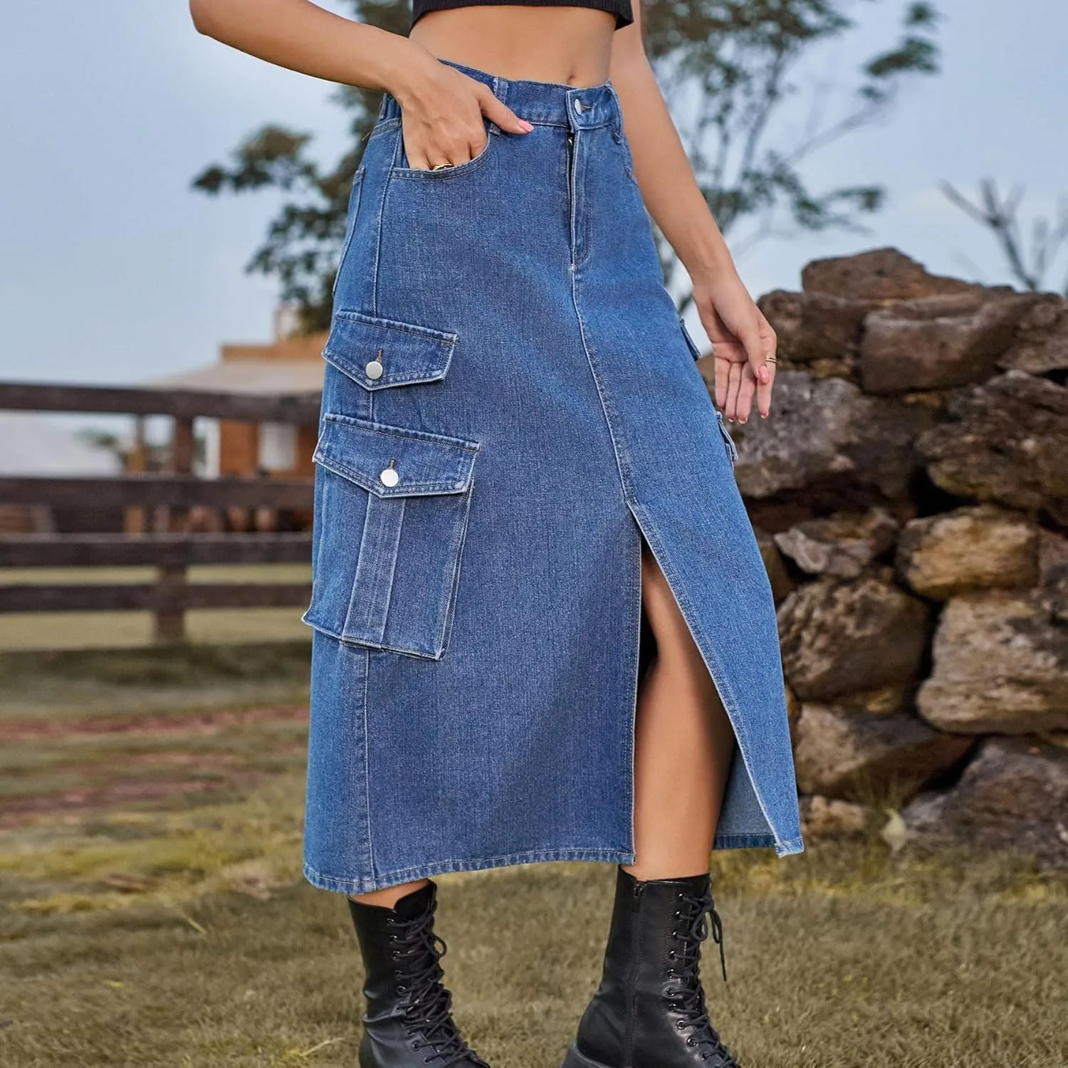 cffvdiz Women's Y2k Denim Cargo Skirt High Waisted Vintage Slit Casual Midi Cargo Skirt with Flap Pockets