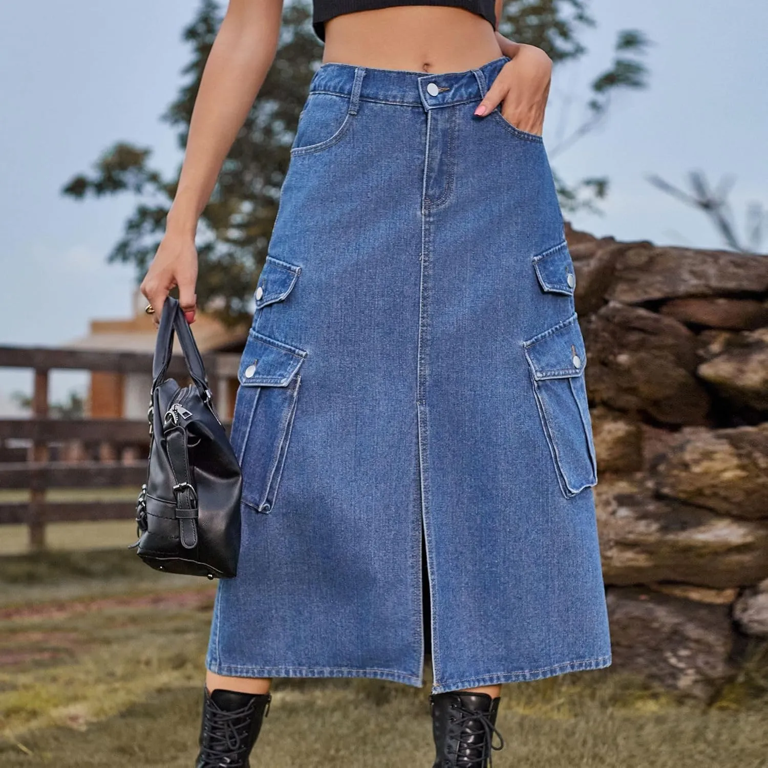 cffvdiz Women's Y2k Denim Cargo Skirt High Waisted Vintage Slit Casual Midi Cargo Skirt with Flap Pockets