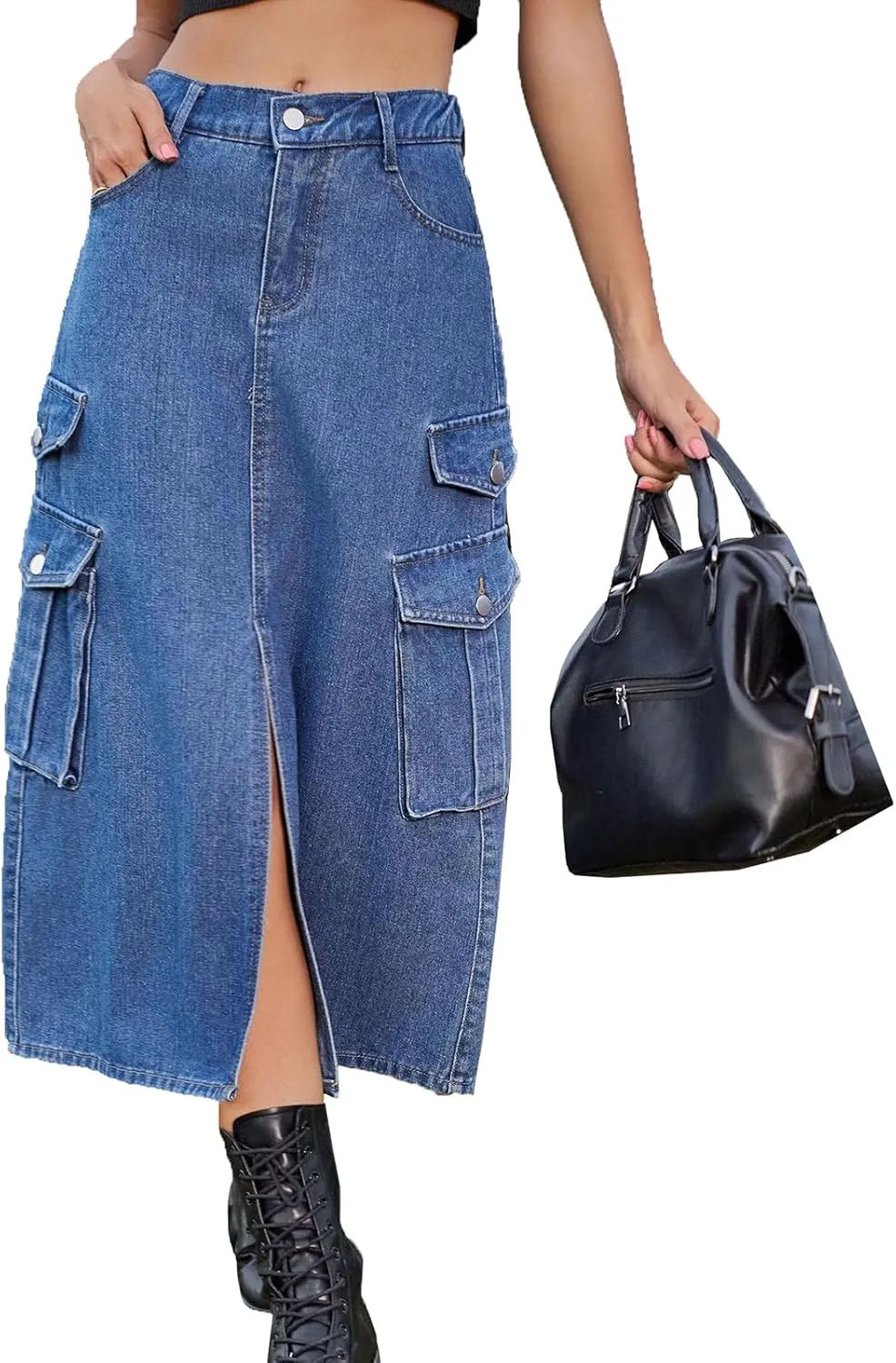 cffvdiz Women's Y2k Denim Cargo Skirt High Waisted Vintage Slit Casual Midi Cargo Skirt with Flap Pockets