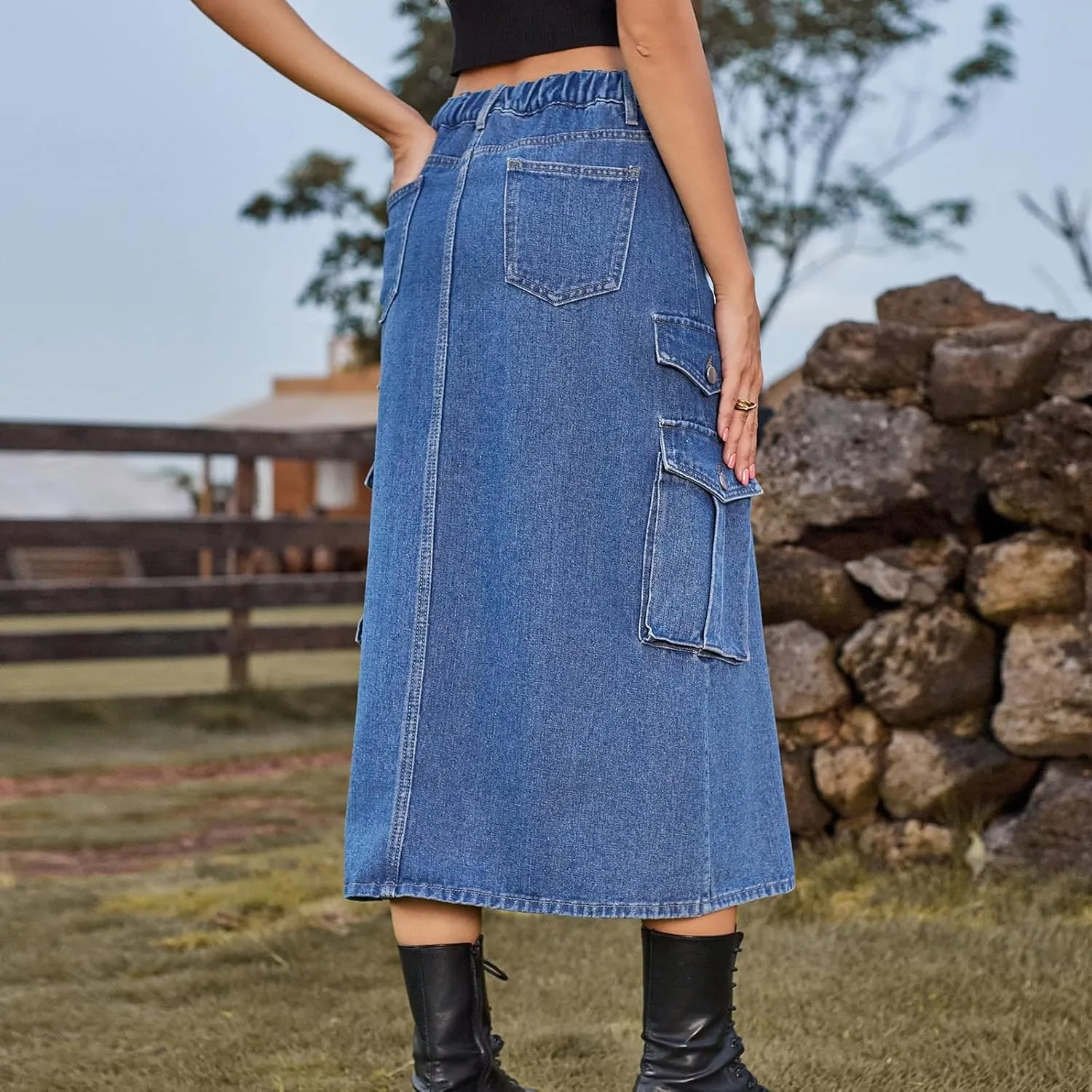 cffvdiz Women's Y2k Denim Cargo Skirt High Waisted Vintage Slit Casual Midi Cargo Skirt with Flap Pockets