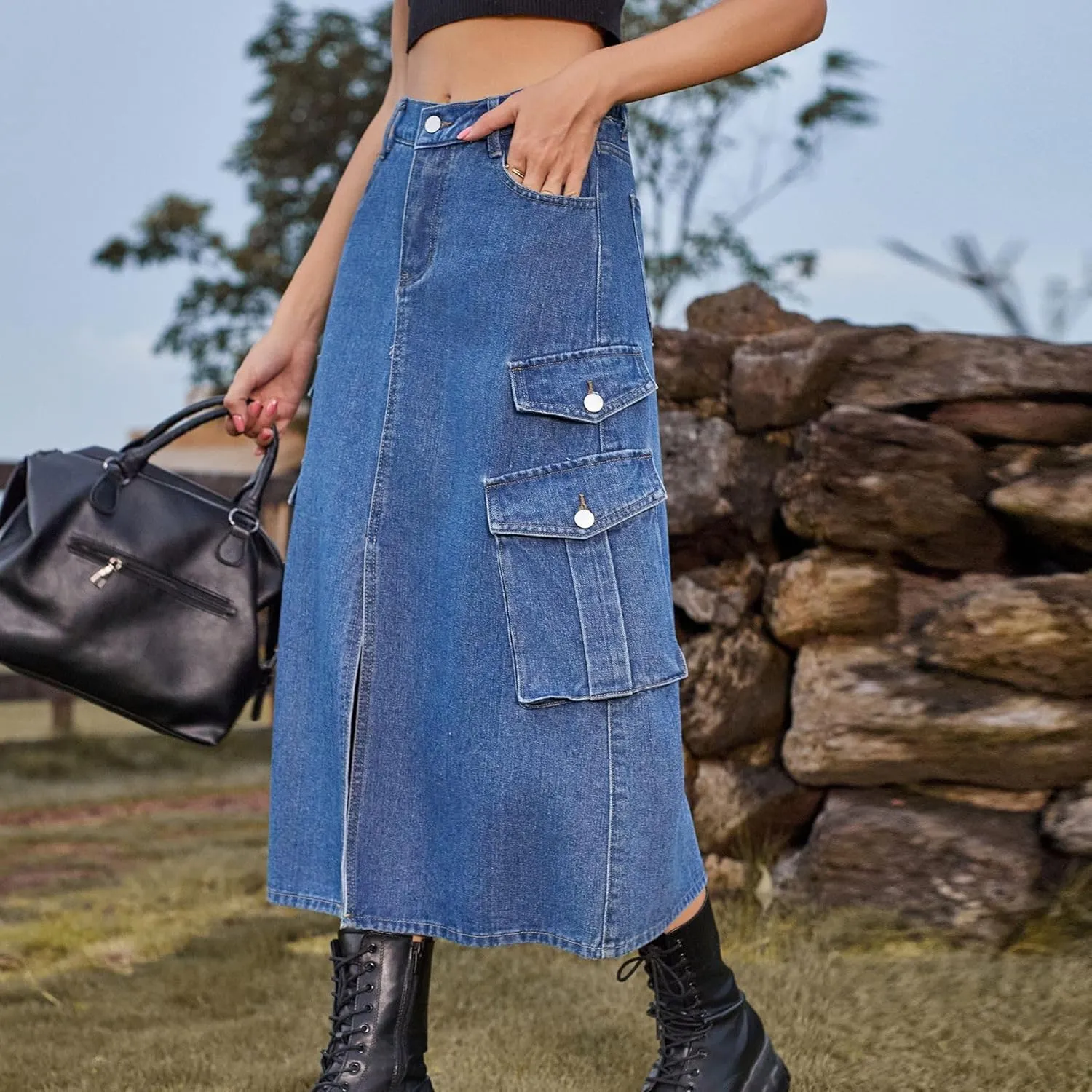 cffvdiz Women's Y2k Denim Cargo Skirt High Waisted Vintage Slit Casual Midi Cargo Skirt with Flap Pockets