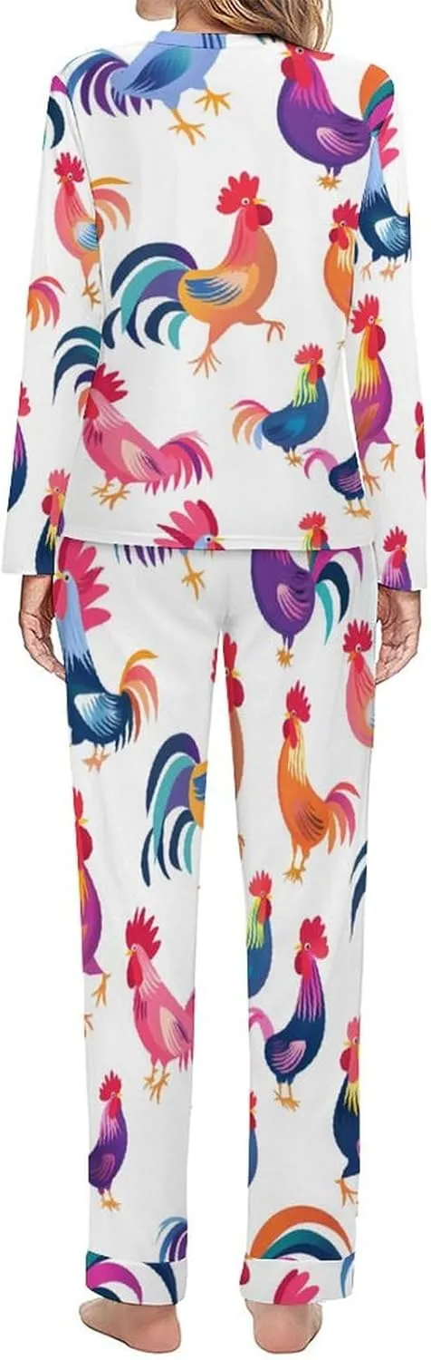 Chicken Farmland Animal Pattern Womens 2 Pieces Pajama Sets Long Sleeve Sleepwear Loungewear PJs Sets with Pockets