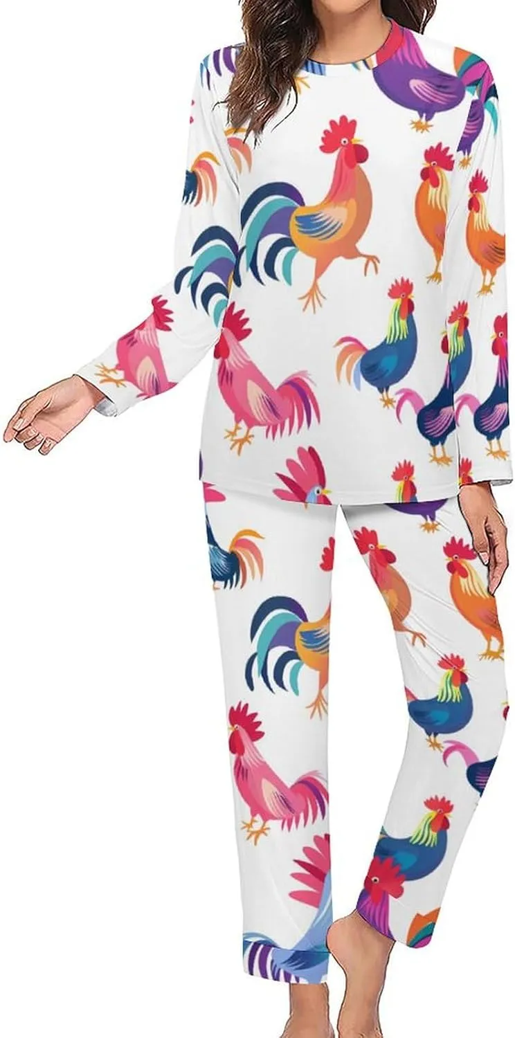 Chicken Farmland Animal Pattern Womens 2 Pieces Pajama Sets Long Sleeve Sleepwear Loungewear PJs Sets with Pockets