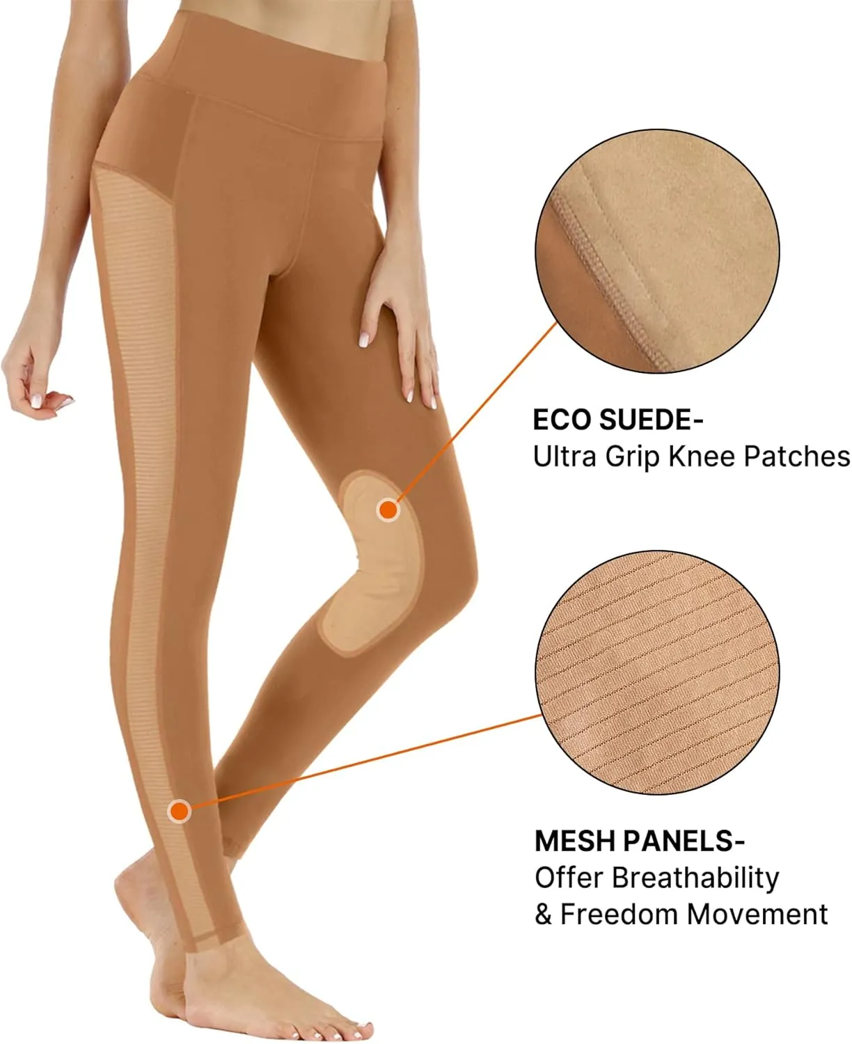 ChinFun Women's Riding Tights High Rise Pull-On Knee Patch Grip Ventilated Active Equestrian Pants Schooling Riding Breeches