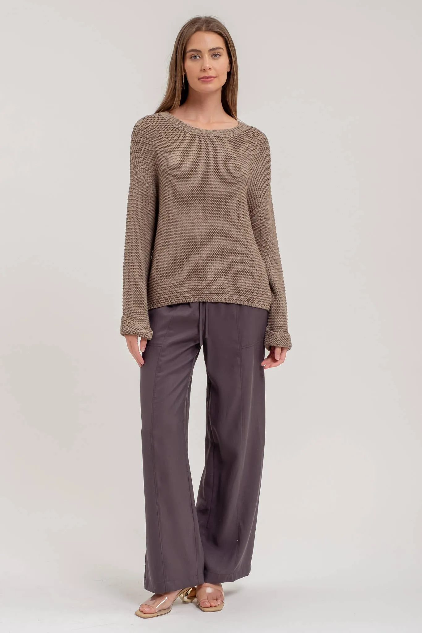Chunky Knit Cuff Sleeve Sweater Olive