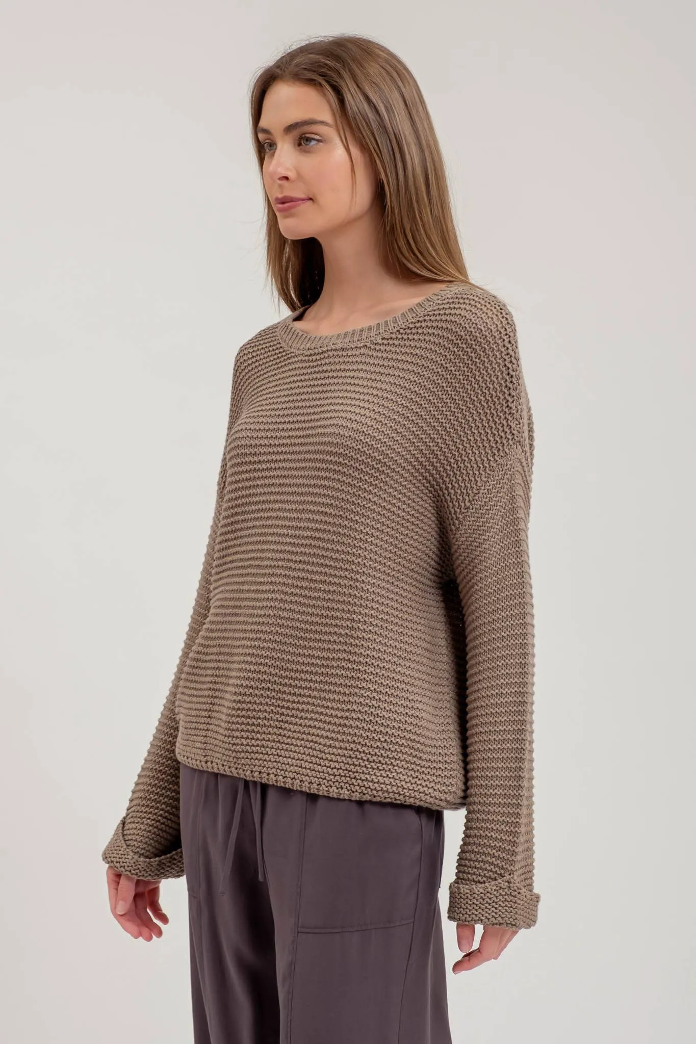 Chunky Knit Cuff Sleeve Sweater Olive