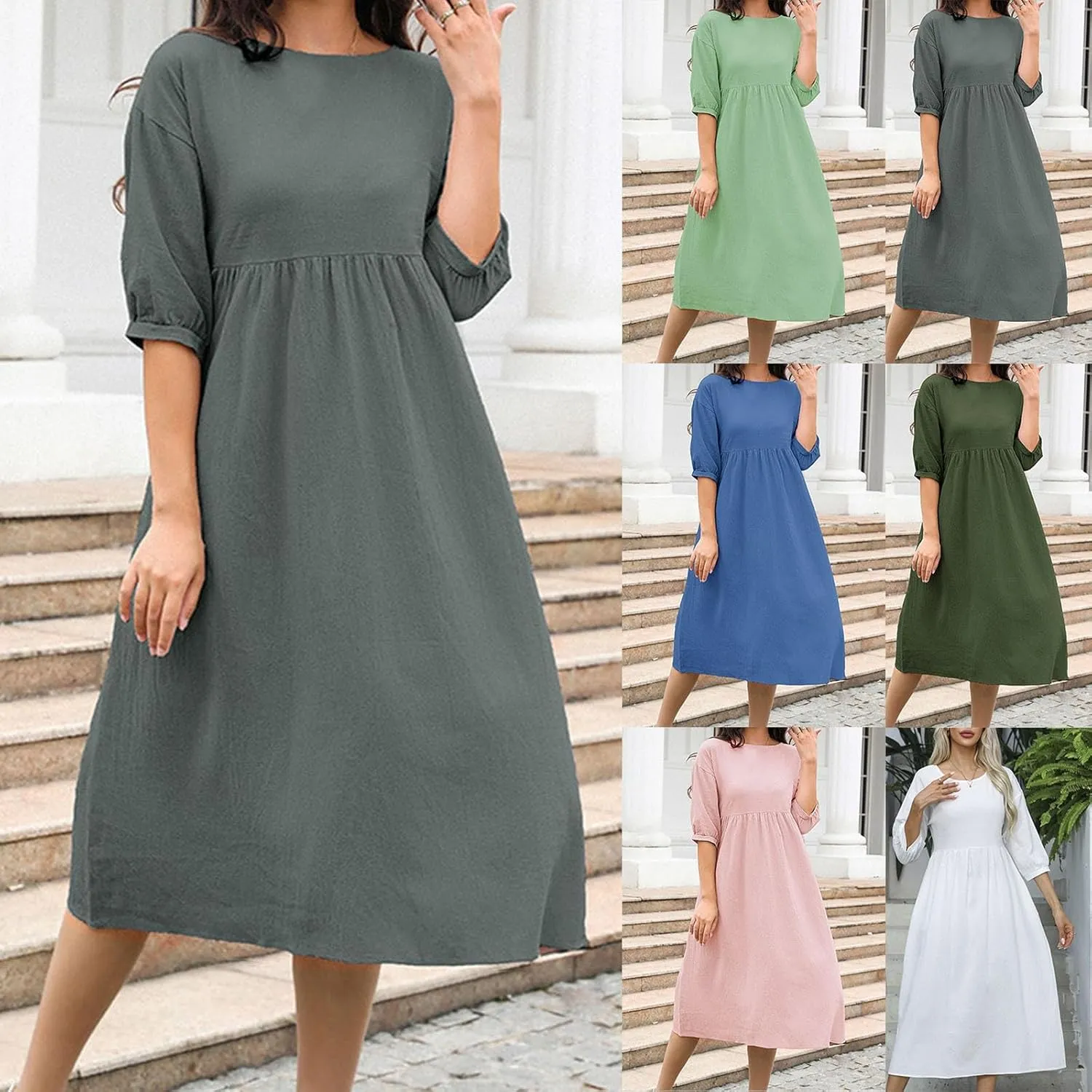 Cotton Linen Midi Dresses Women's Casual Loose Summer Short Sleeve Beach Vacation Dress Trendy Plain Tunic Sundresses