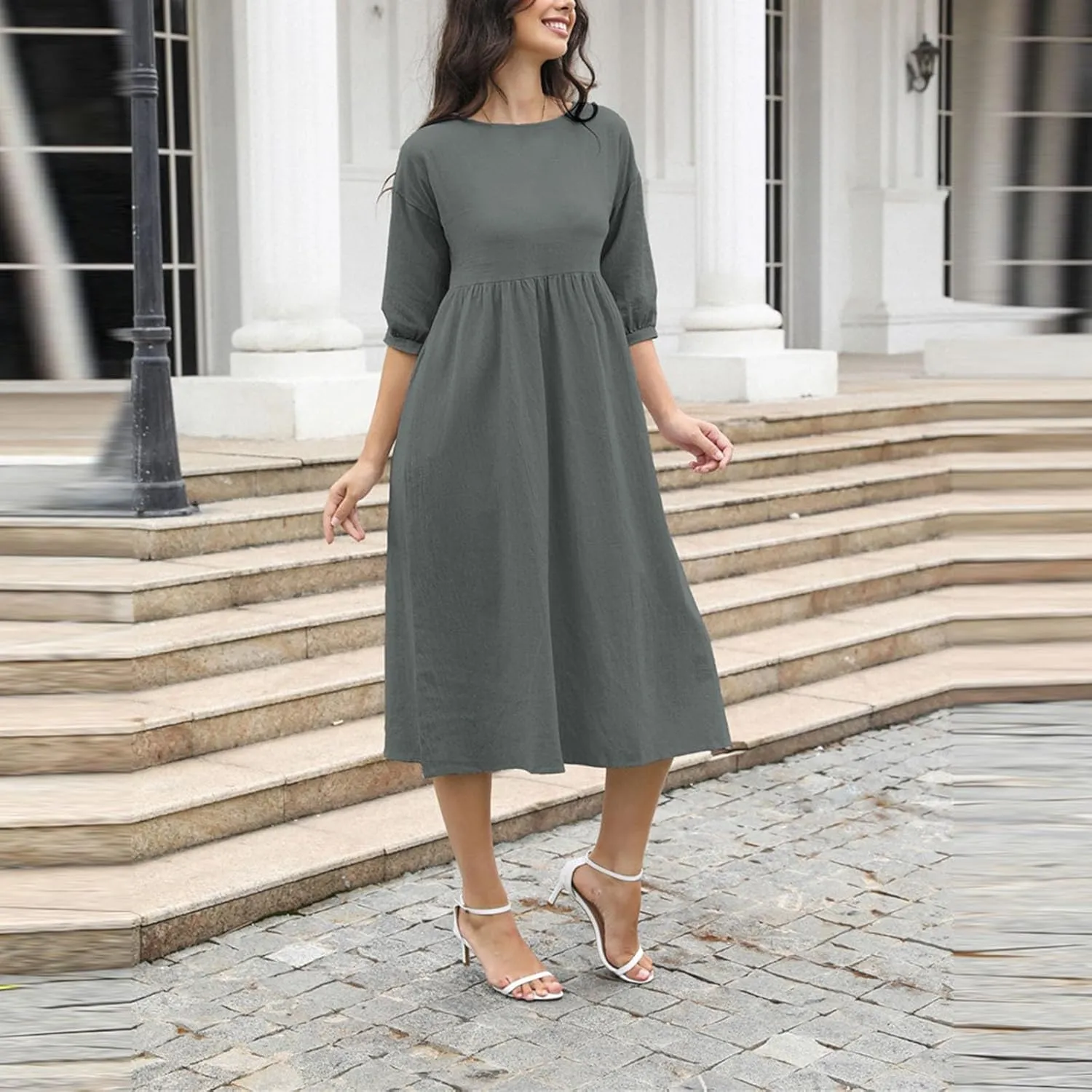 Cotton Linen Midi Dresses Women's Casual Loose Summer Short Sleeve Beach Vacation Dress Trendy Plain Tunic Sundresses