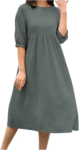 Cotton Linen Midi Dresses Women's Casual Loose Summer Short Sleeve Beach Vacation Dress Trendy Plain Tunic Sundresses