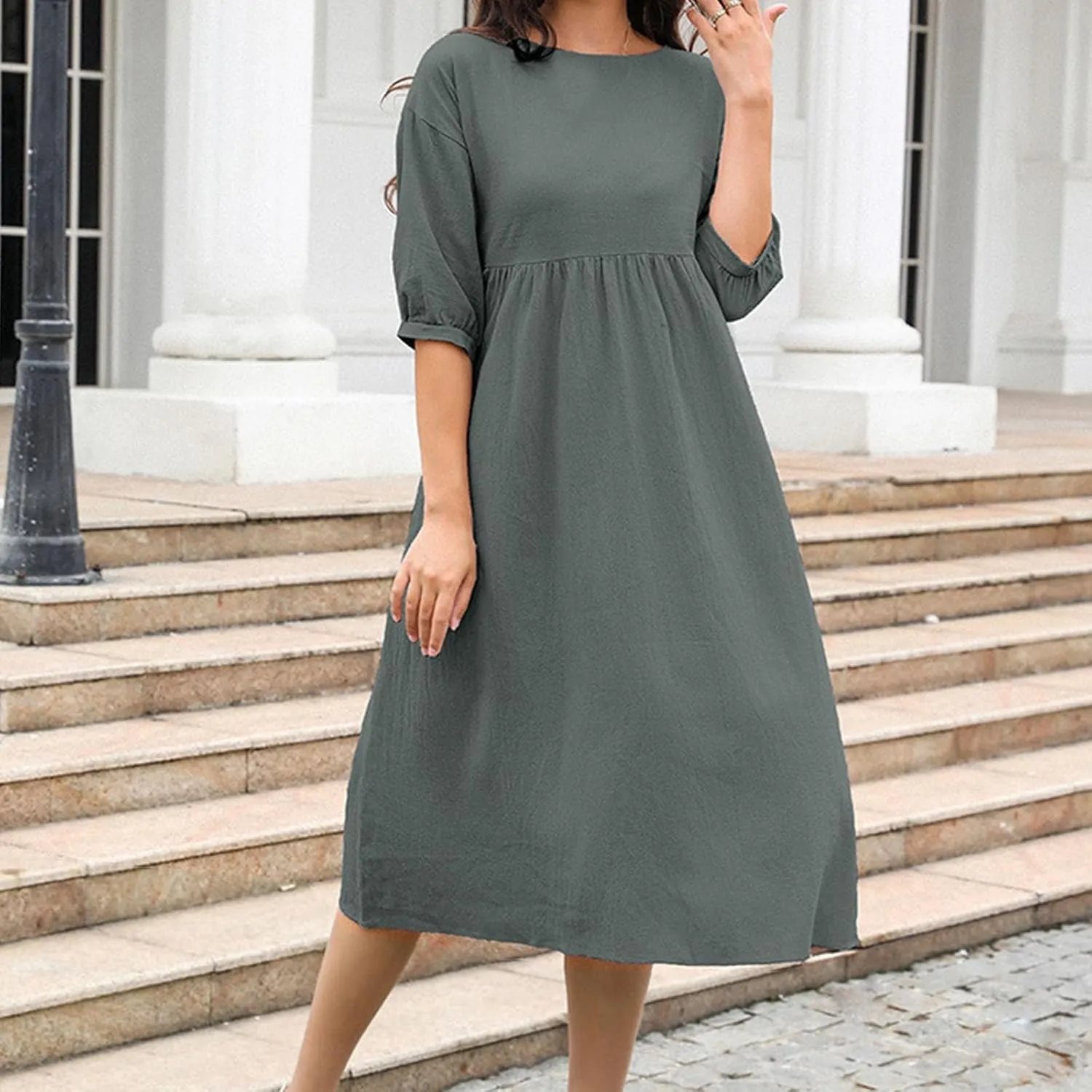 Cotton Linen Midi Dresses Women's Casual Loose Summer Short Sleeve Beach Vacation Dress Trendy Plain Tunic Sundresses