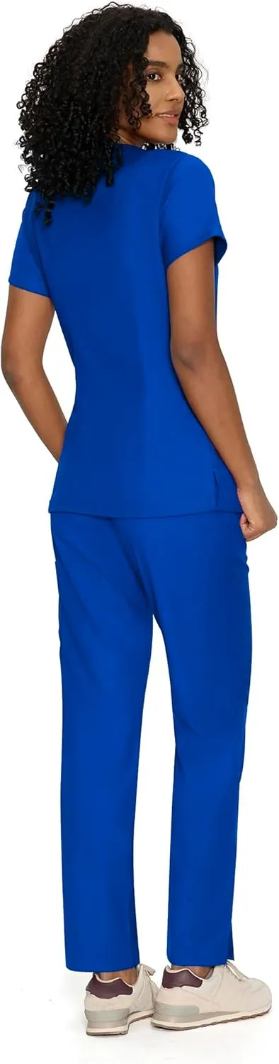 COZYFIT Scrubs for Women - Mock Wrap Top & Straight Leg Pants with 6 Pockets, Back Princess Seams, Soft Fabric