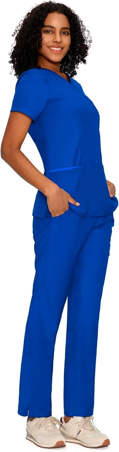 COZYFIT Scrubs for Women - Mock Wrap Top & Straight Leg Pants with 6 Pockets, Back Princess Seams, Soft Fabric