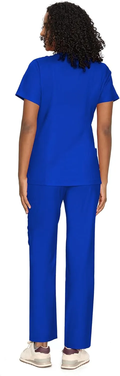 COZYFIT Scrubs for Women - Mock Wrap Top & Straight Leg Pants with 6 Pockets, Back Princess Seams, Soft Fabric