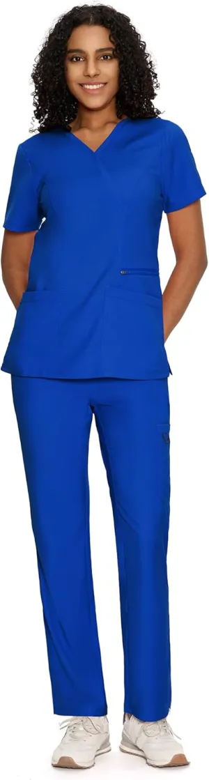 COZYFIT Scrubs for Women - Mock Wrap Top & Straight Leg Pants with 6 Pockets, Back Princess Seams, Soft Fabric