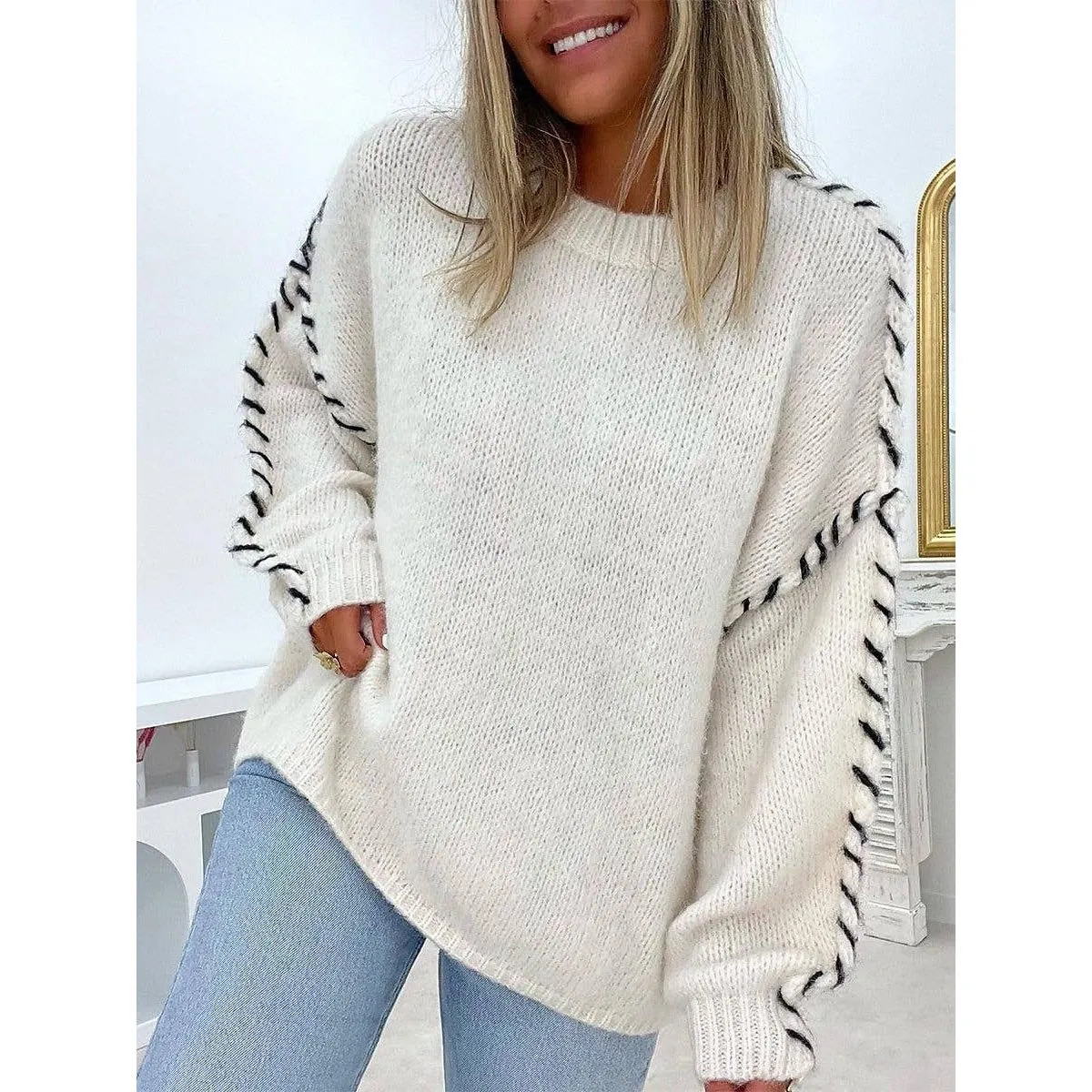 CREW-NECK THREAD DESIGN PULLOVER SWEATER: BLUE / (M) 1