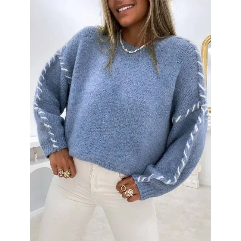 CREW-NECK THREAD DESIGN PULLOVER SWEATER: BLUE / (S) 1