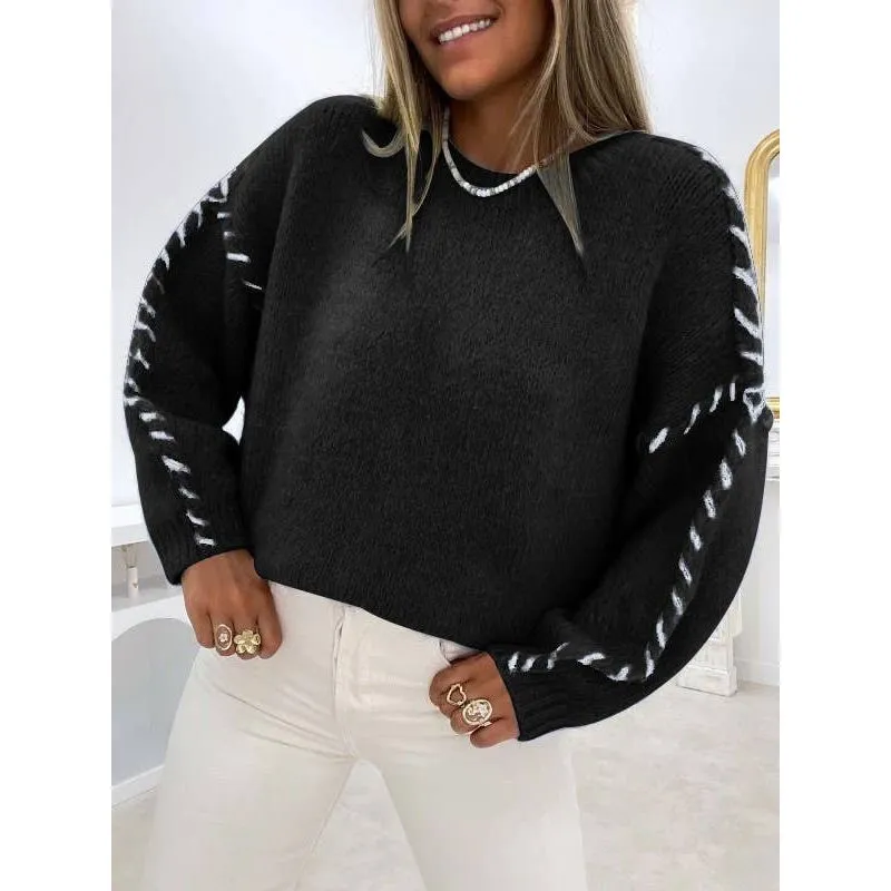 CREW-NECK THREAD DESIGN PULLOVER SWEATER: BLUE / (S) 1