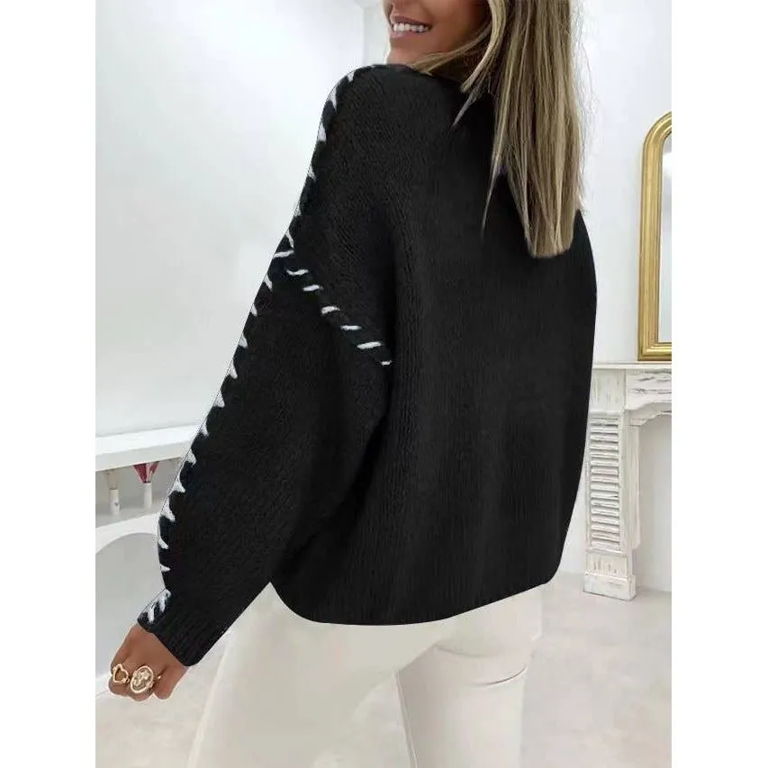 CREW-NECK THREAD DESIGN PULLOVER SWEATER: BLUE / (S) 1