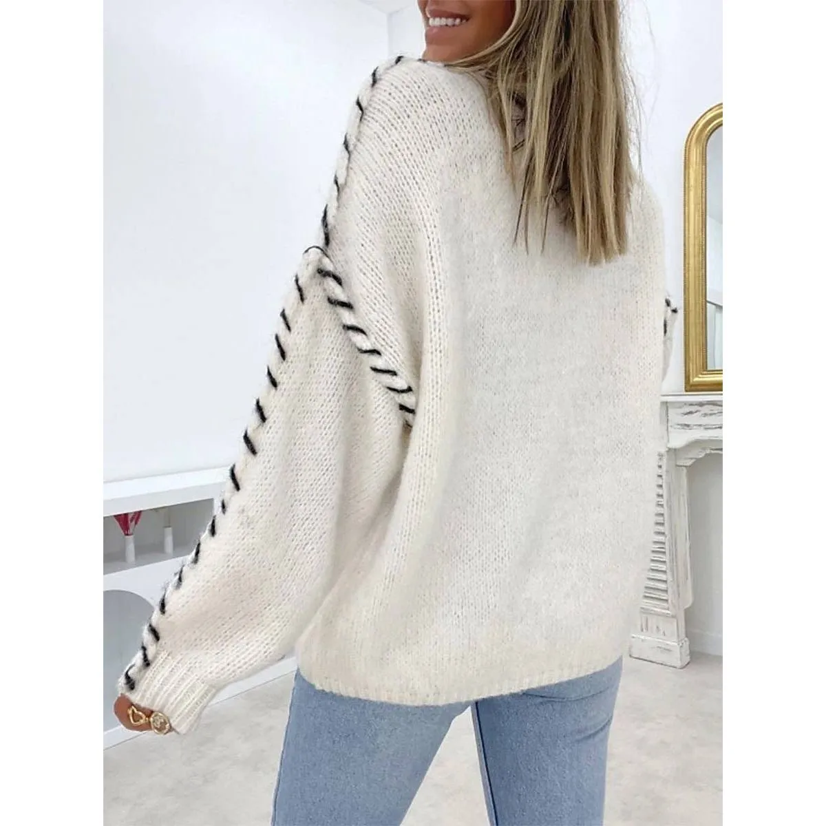 CREW-NECK THREAD DESIGN PULLOVER SWEATER: BLUE / (S) 1
